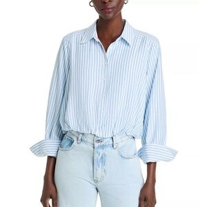 Aqua Striped Cropped Button-Down Bubble Shirt